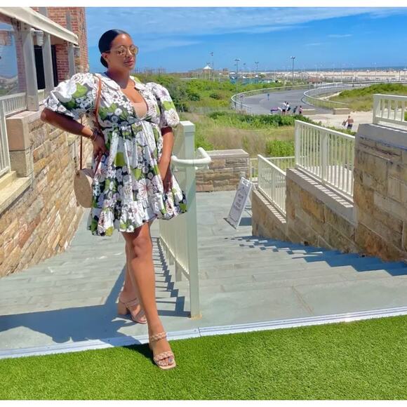 Maje Rafleur Floral Dress Ivory Green V-Neck Tiered Puff Sleeve Sz 42 EU / 10 US - Picture 5 of 16